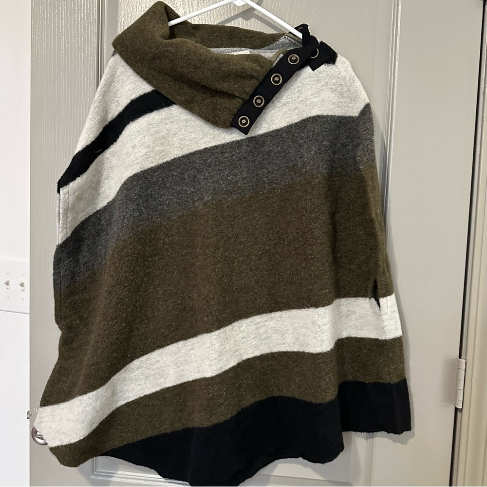 Striped Poncho with Button Detail Tabitha Wool Blend Anthropologie Casual Large
